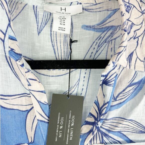 H by Halston Womens Button Down Linen Shirt Blue White Floral Medium - Picture 3 of 5